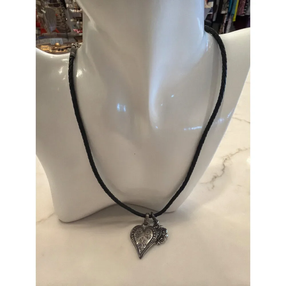 Brighton Heart Charm Necklace Black Braided Leather Cord Silver-Tone